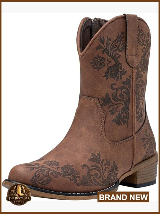 Shoes - Women's Cowboy Ankle Boots Square Toe Low Heel Zipper Comfortable Western